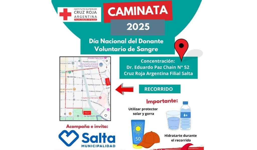 El lunes se efectúa la Caminata por el Día Nacional del Donante Voluntario de Sangre en la ciudad de Salta