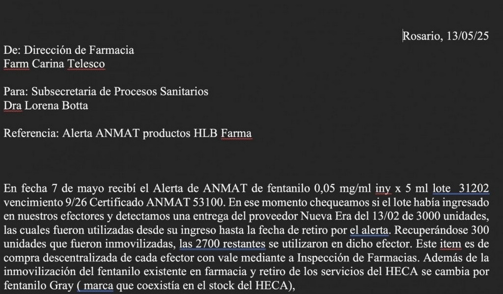 Un documento revela que en Rosario se detectó el fentanilo contaminado en febrero y la Anmat no hizo nada hasta mayo